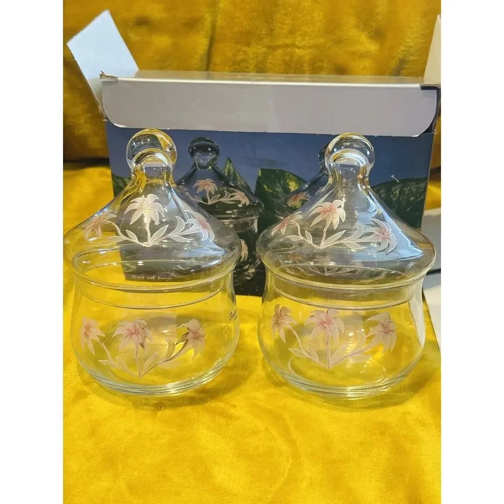 Stylesetter Pasabahce Turkey Set of 2 Glass Candy Dish Jar Lotus Flower Lid NIB